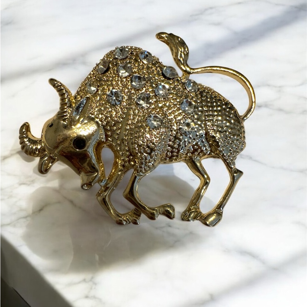 Gold Taurus the Bull Zodiac Brooch with Rhinestones